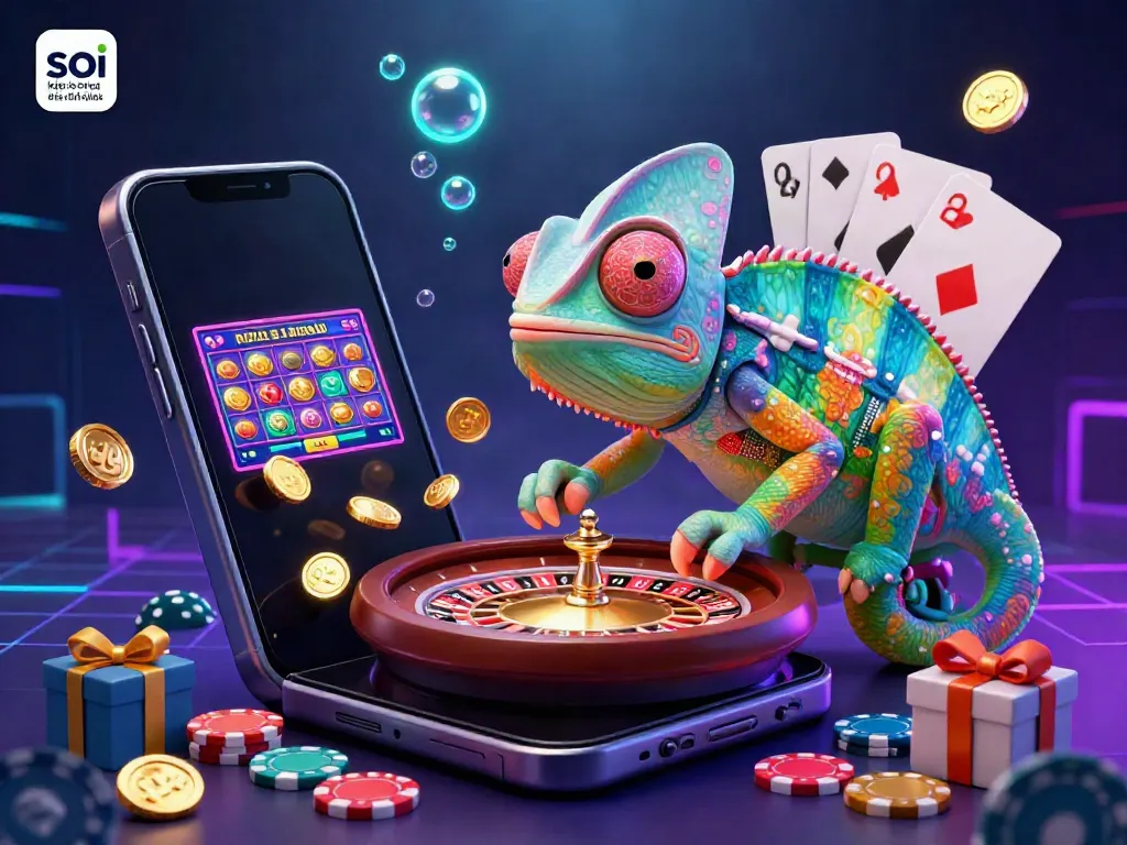 Soy kèo bóng đá chính xác with an exciting 3D casino scene capturing the animated chameleon watching different gaming activities.