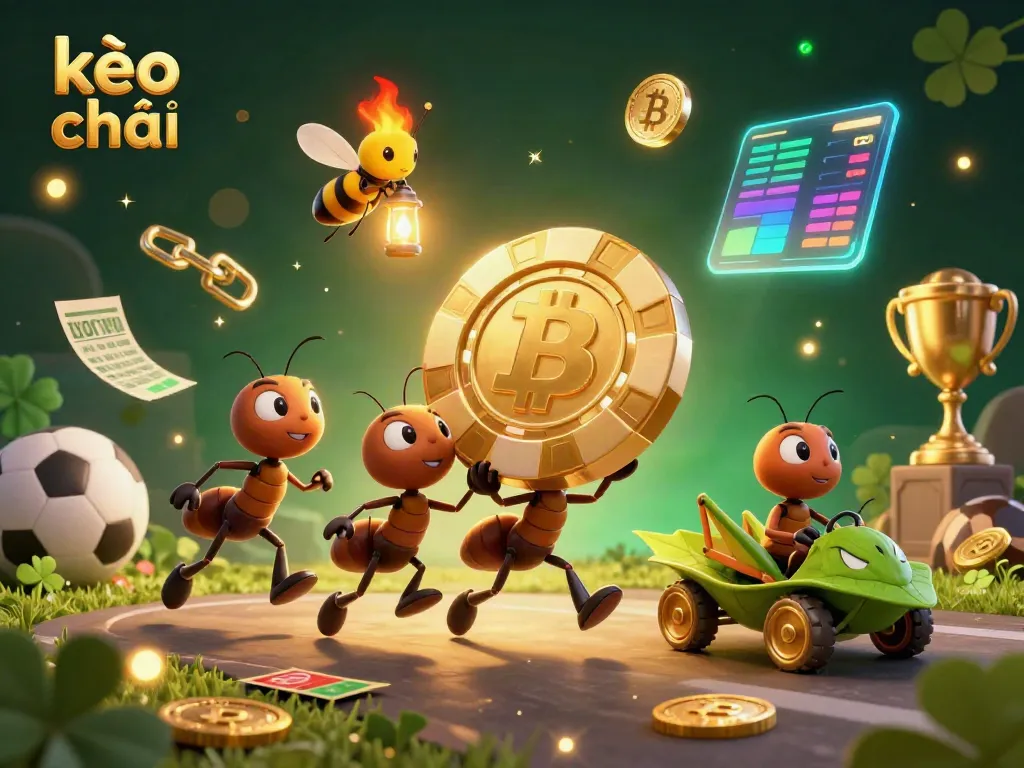 Engaging scene of kèo nhà cái depicted as a 3D illustration of ants stealing a giant chip amidst sports betting elements.