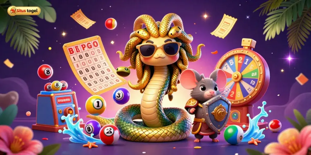 Situs togel lottery scene with Medusa, a warrior mouse, and vibrant gaming elements.