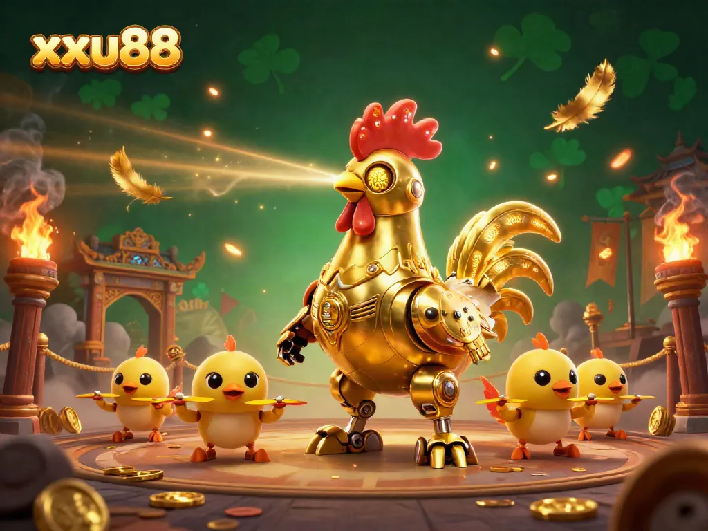 Experience the excitement of xxuu88 with a vibrant 3D illustration showcasing a golden rooster robot and baby chick drones in a casino setting.