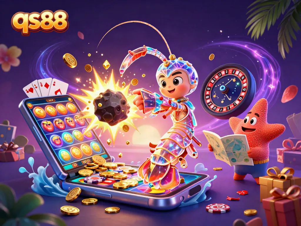 Experience qs88 with a dynamic 3D illustration showcasing a cosmic samurai and casino game elements.