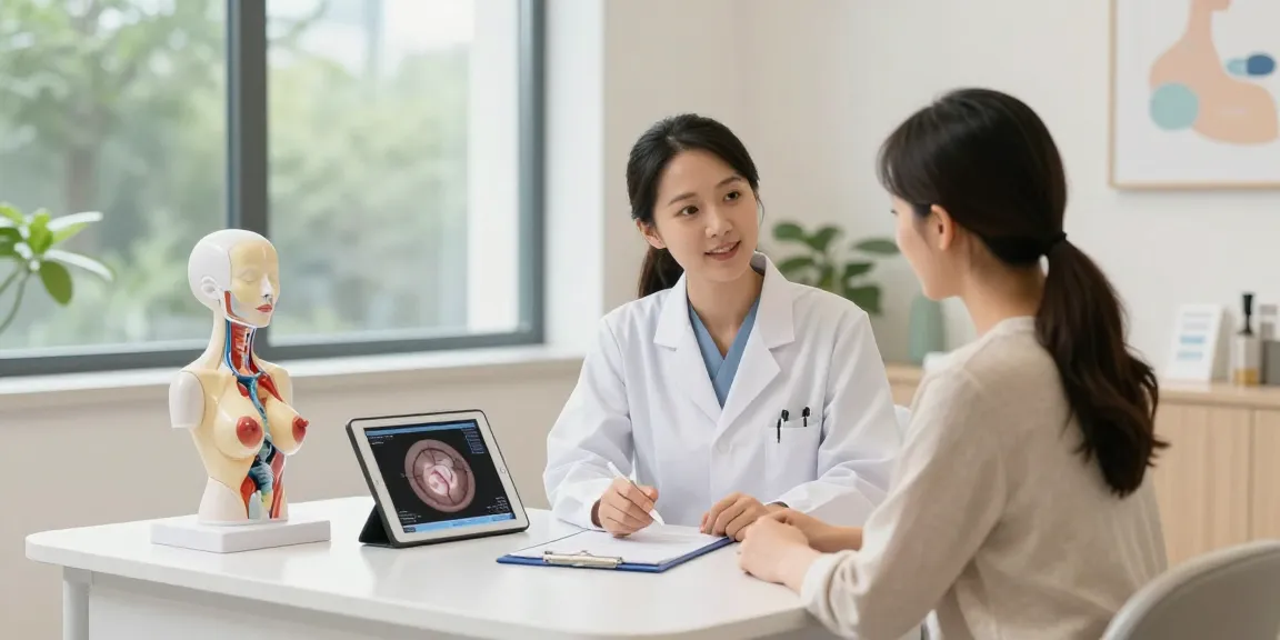 Breast surgery specialists near me in Abu Dhabi discussing treatment options with a patient in a modern clinic.