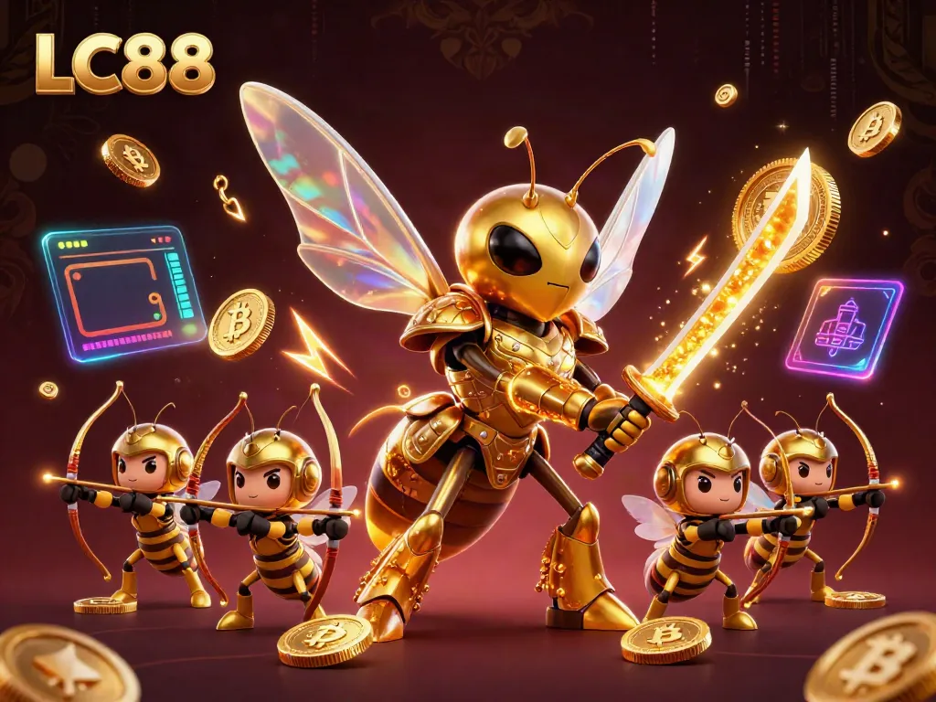 LC88 gaming illustration showcasing a 3D hornet samurai and crypto-themed elements in a vibrant casino setting.