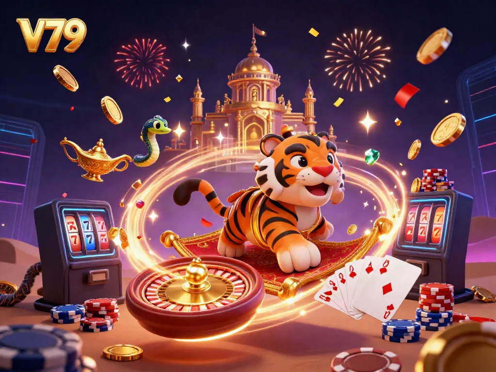 Spin to win at V79 with slot reels, golden coins, and stunning casino visuals.