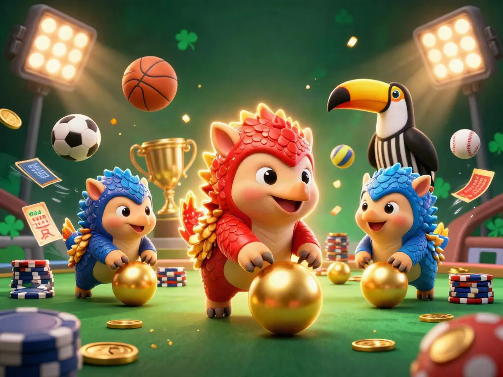 Engaging scene of kèo nhà cái featuring rival pangolins bowling through poker chips with vibrant sports balls and a toucan referee.