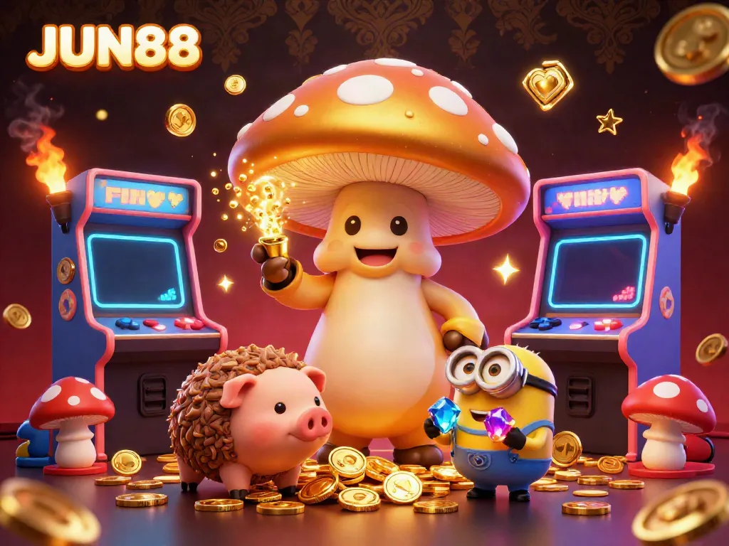 Experience thrilling gaming with JUN88, featuring a magical golden mushroom wizard amidst vibrant arcade elements and treasure.