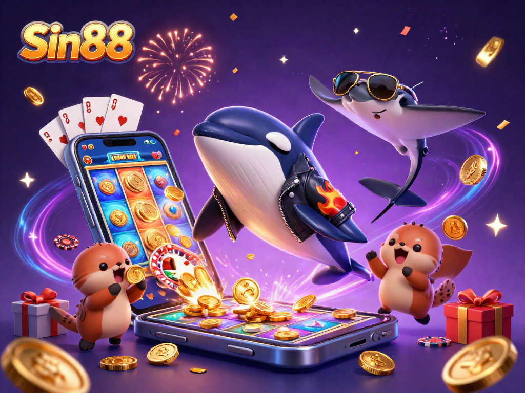 Sin88 showcases 3D cartoon characters, including an orca and stingray, celebrating casino victories with coins.