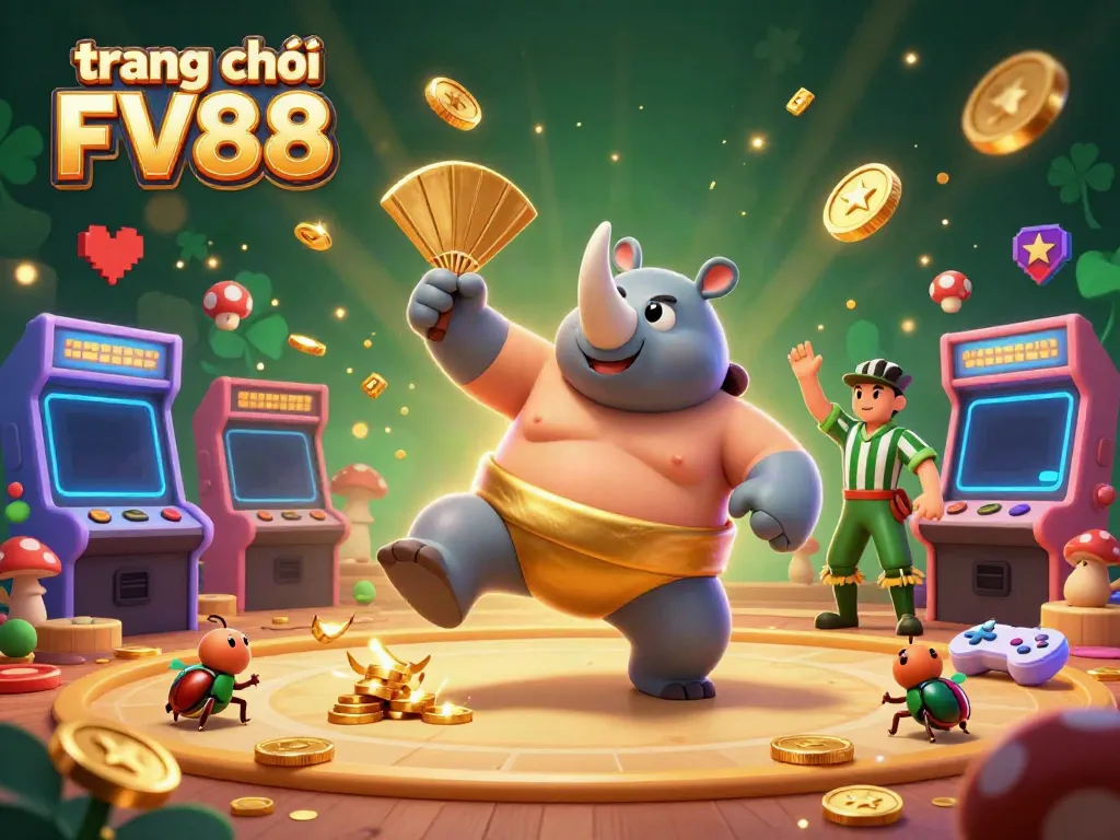 Experience the excitement of gaming at trang chủ FV88, featuring a cartoon rhinoceros beetle champion in action.