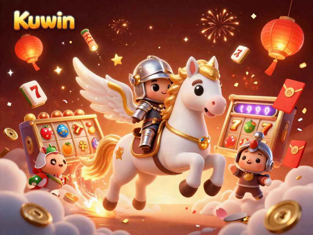 Kuwin offers exciting slot games with vibrant jackpots as a celestial horse and knight gallop through stunning 3D clouds.