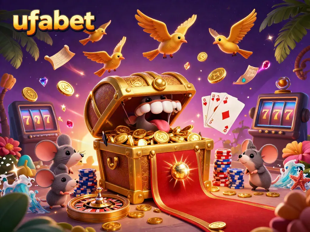 Experience thrilling bets at ufabet with a treasure chest lure, coins, and vibrant casino elements.