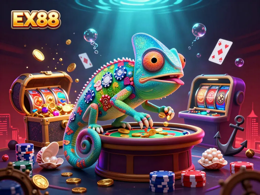 Experience the vibrant EX88 casino scene with a chameleon character, slot reels, and floating playing cards.