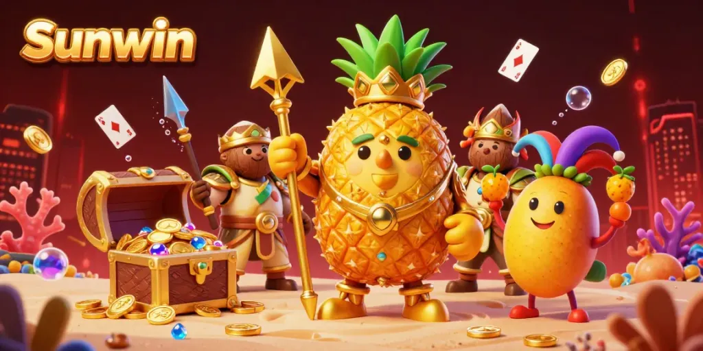 Experience the thrilling Sunwin casino with vibrant characters and dynamic treasures in a tropical setting.