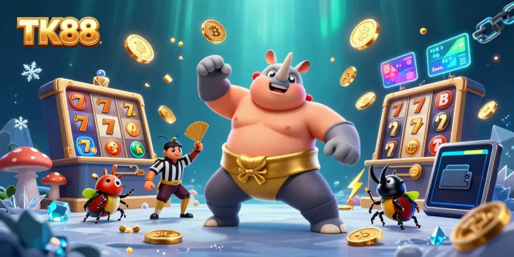 Experience thrilling casino action with TK88's vibrant beetle sumo scene filled with gold and excitement.