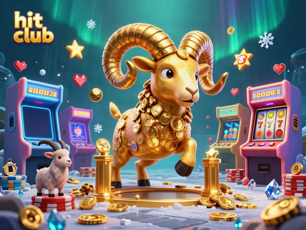 Experience the thrill of winning at hit club, with dynamic casino elements surrounding an impressive golden ram.
