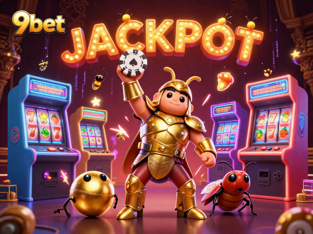 Experience thrilling wins with 9bet's vibrant casino illustration featuring a heroic beetle.
