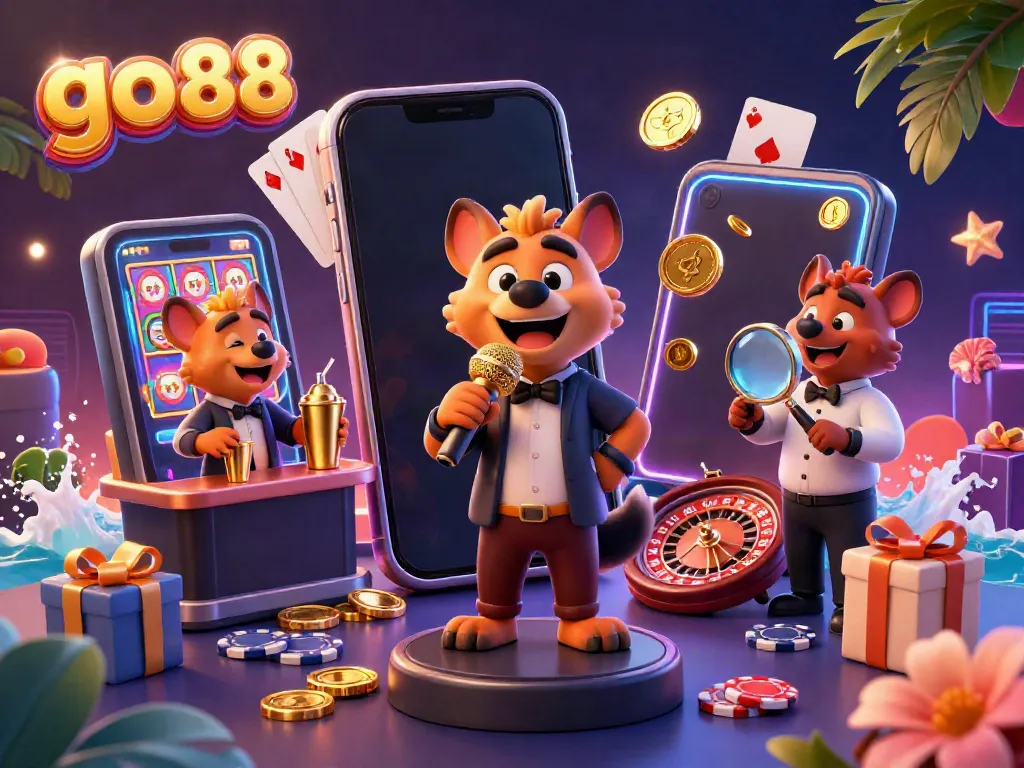 Immersive comedy casino scene with hyenas showcasing go 88's lively gaming experience.