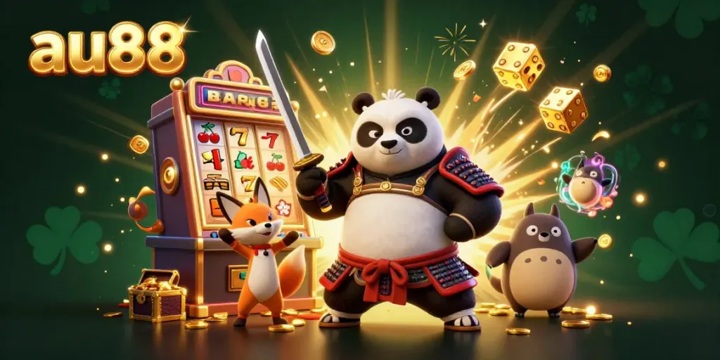Experience the thrilling adventure with au88, featuring a samurai panda and ninja fox amidst a vibrant jackpot explosion.