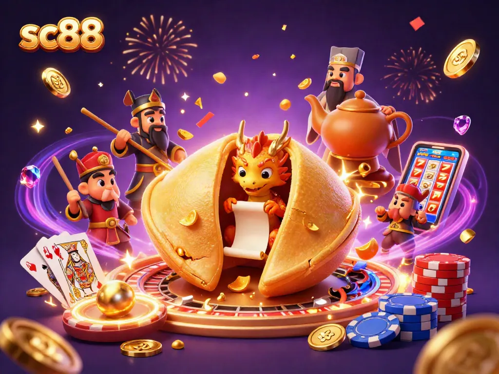 Experience sc88 thrills with a golden fortune cookie and wise dragon amidst casino riches!