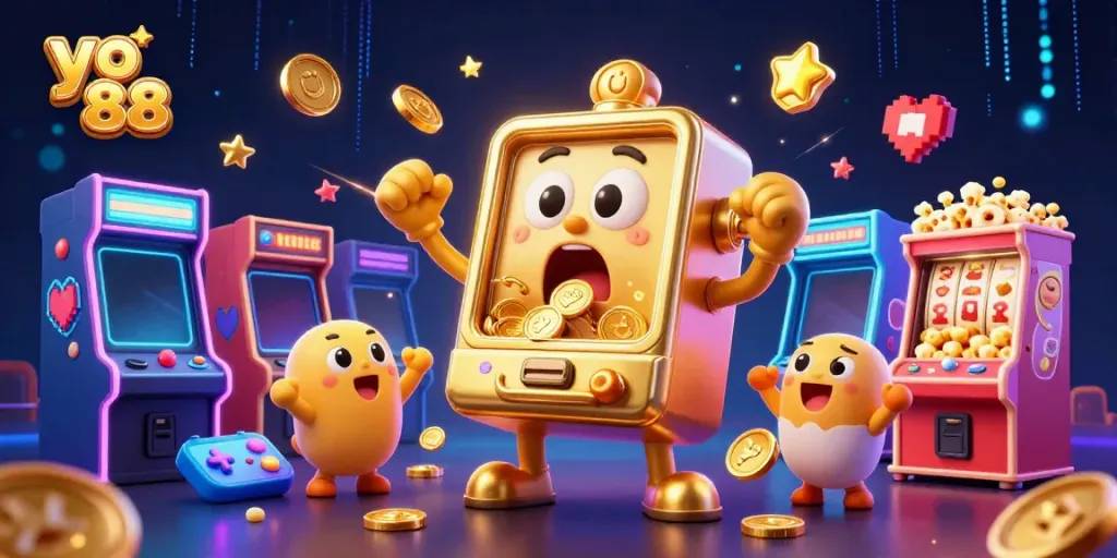 Experience the excitement of yo 88 with a golden slot machine hitting a jackpot in a vibrant, action-packed casino scene.