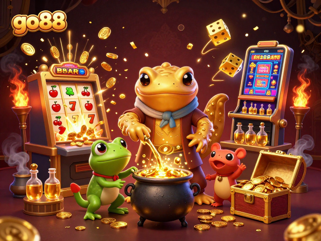 Experience the thrill of go88 with a vibrant scene showcasing a golden alchemist and dynamic gaming elements.