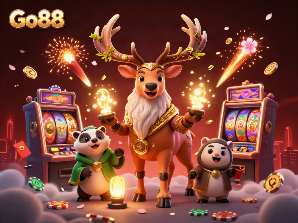 Engaging Go88 experience with a druid stag and badger set in a vibrant casino scene, showcasing slot machines and action.