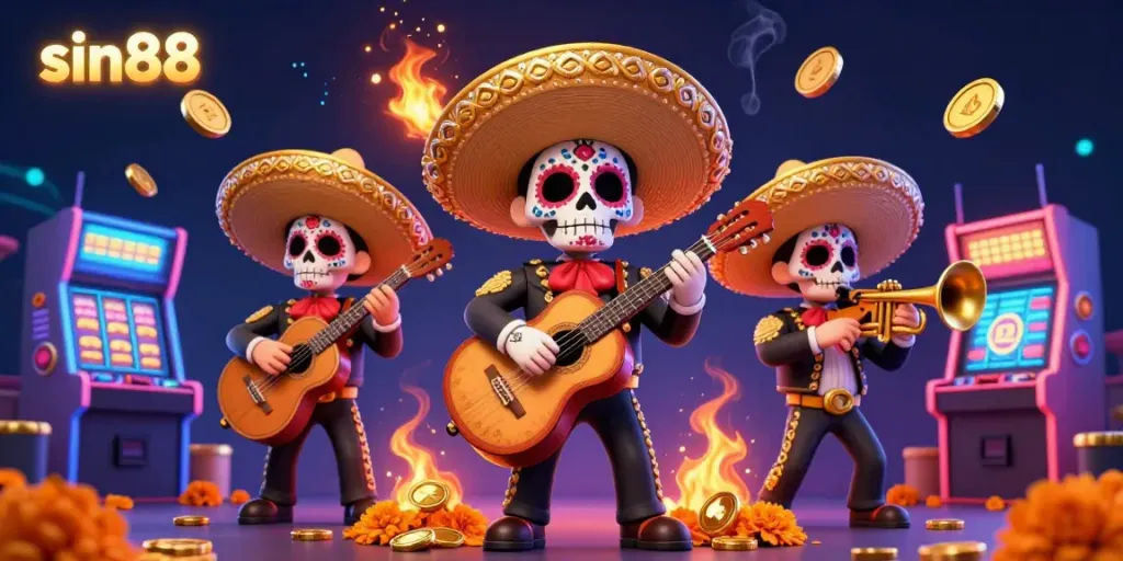 Experience the thrill of sin88 with a colorful mariachi band amidst a vibrant casino scene.