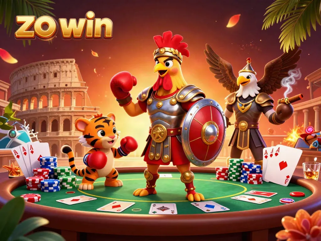 Win big with zo win in a lively casino scene featuring poker elements and vibrant characters.