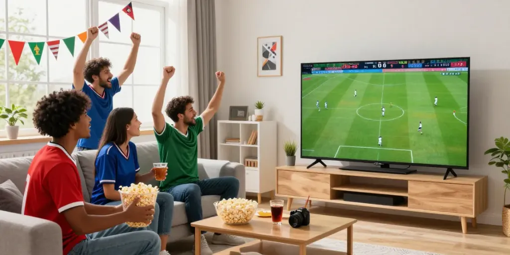 Fans enjoying a live football match on Thapcamtv in a vibrant home setting.