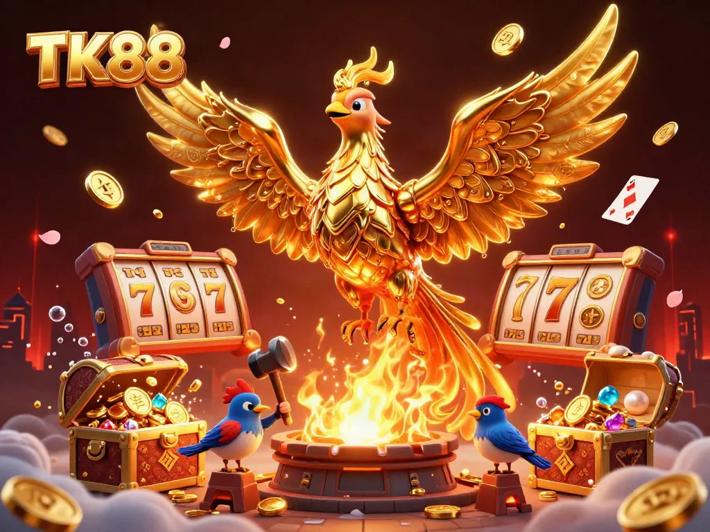 Experience the captivating TK88 gaming world with golden phoenix and slots in 3D.