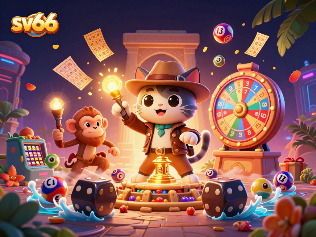 Experience exciting games with sv66 through vibrant casino adventure illustration full of dynamic elements.