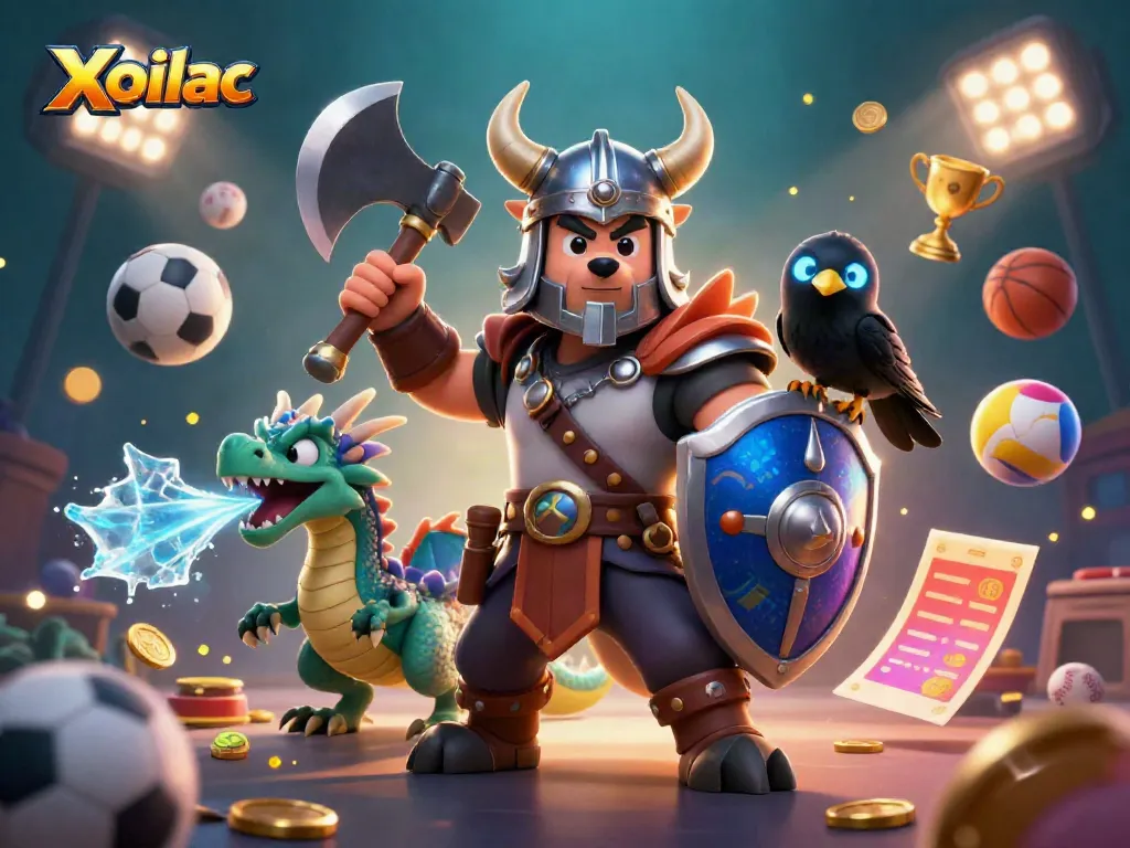 Xoilac showcases an epic Viking wolf warrior and dragon, surrounded by sports elements for an online casino experience.
