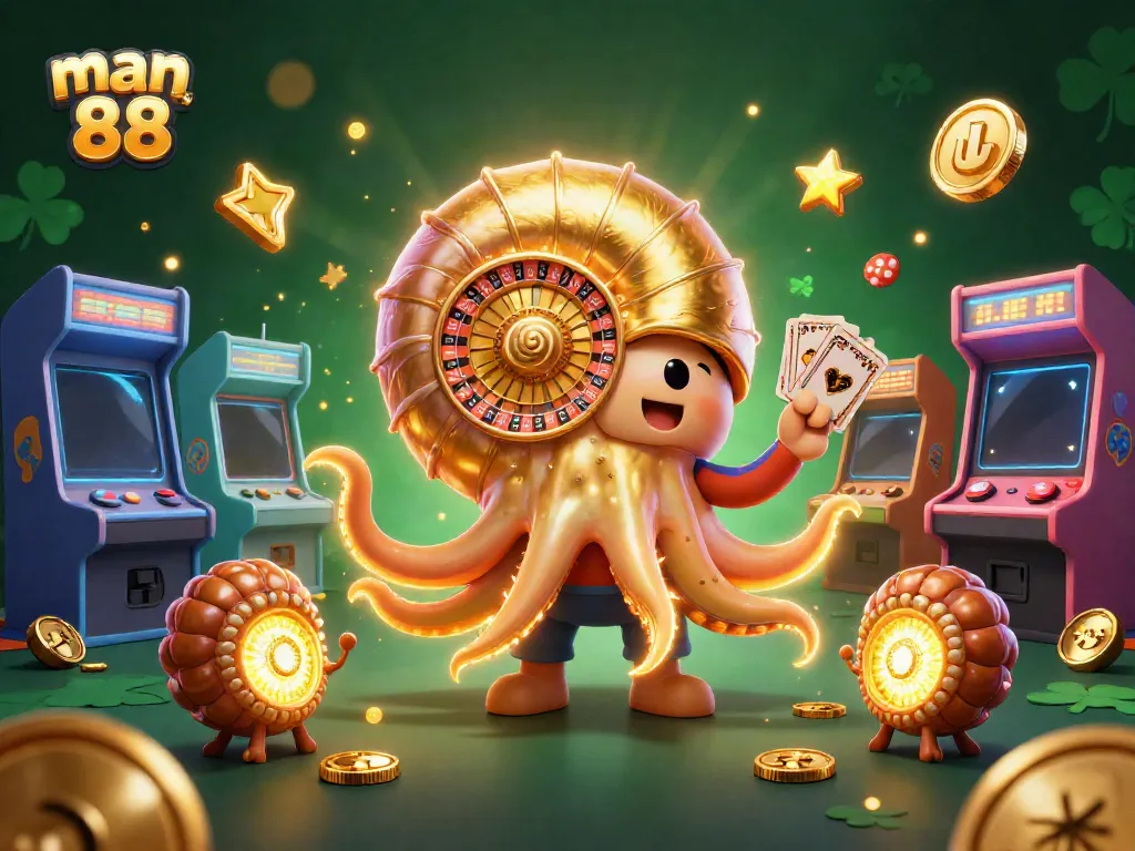 Play exciting games at man 88, featuring a vibrant nautilus and glowing casino elements.