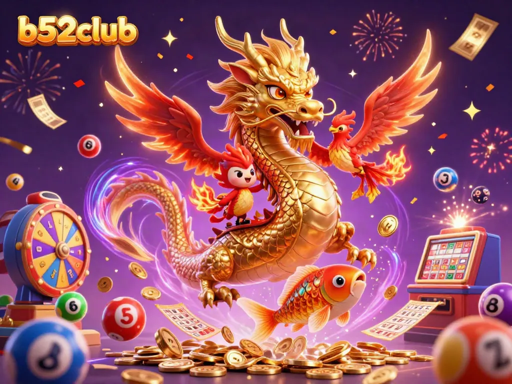 Experience the thrill of gaming at b52club with vibrant visuals of a golden dragon and festive lottery elements.