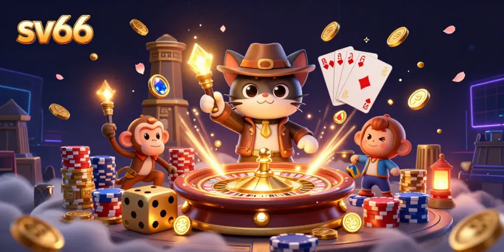Playsv66 and win big with 3D illustrated characters celebrating casino adventure amidst golden coins.