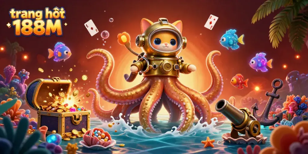Engage with the vibrant sea adventure in trang chủ 188M with a stunning 3D kraken and diving cat amidst a treasure-filled ocean