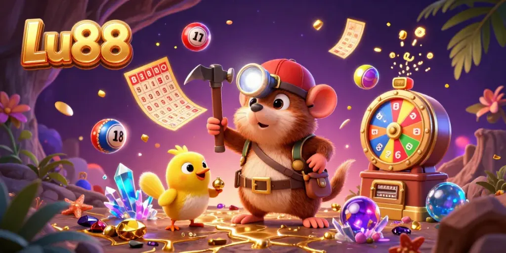 Engage with Lu88's thrilling games under a treasure-filled atmosphere, featuring a mole and canary mining golden riches.