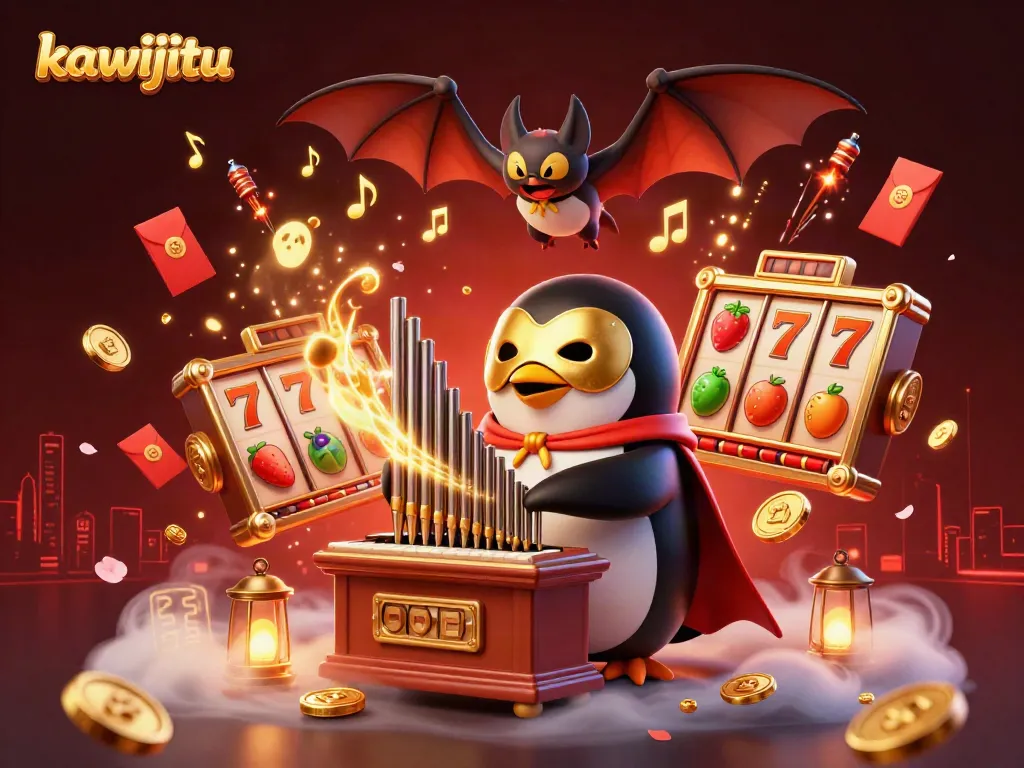 Experience thrilling wins with kawijitu as the penguin plays a joyous tune with coins raining down in this vibrant casino scene.