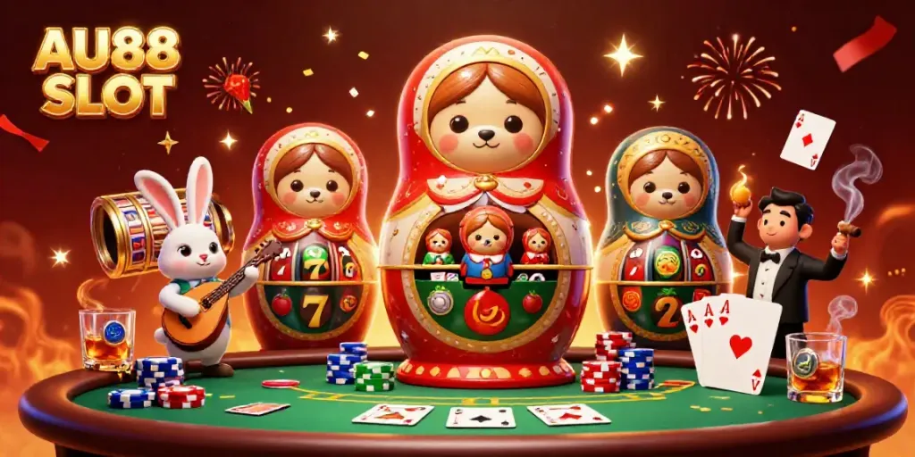 Engage with AU88 SLOT's vibrant gaming scene featuring charming characters and dynamic slot elements.