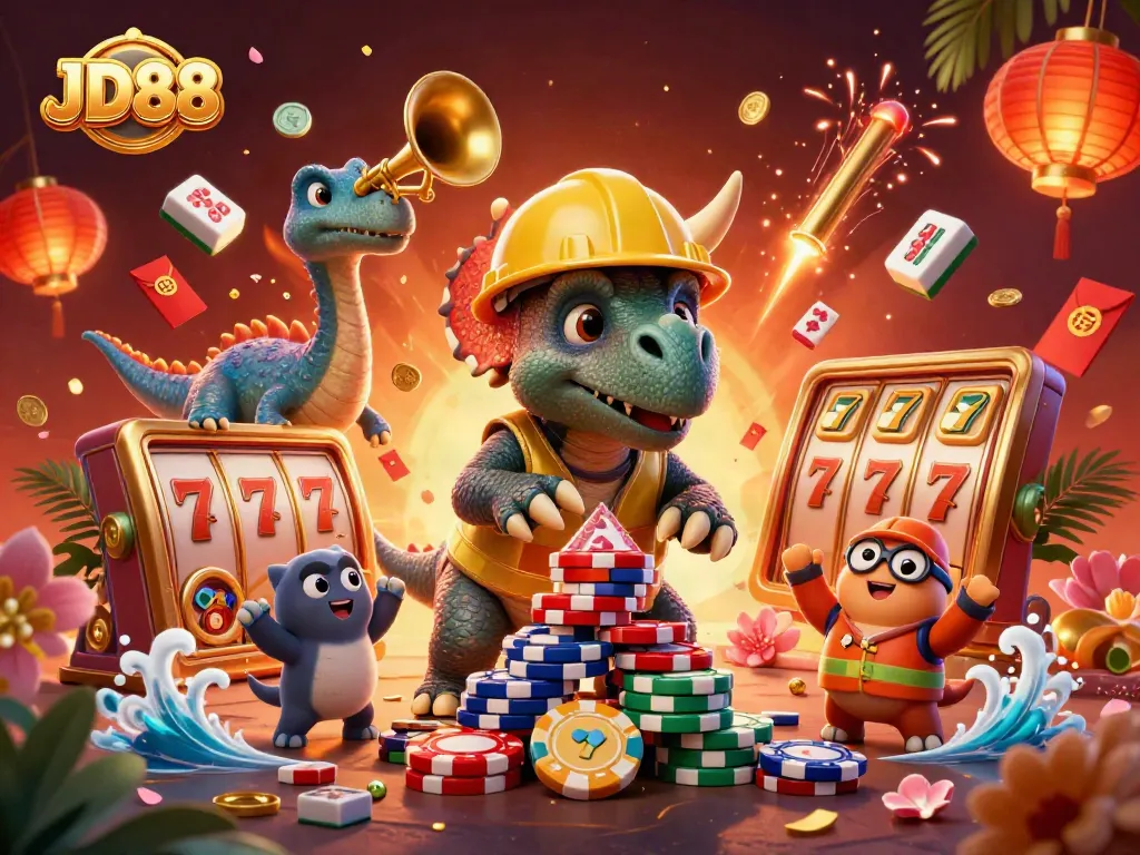 Witness JD88's thrilling gaming scene with dinosaurs celebrating a poker chip pyramid build!