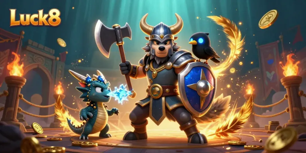 Engage in thrilling battles at Luck8 with dynamic wolf warrior, dragon, and raven in a vibrant casino atmosphere.