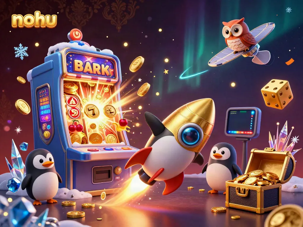 Nohu casino featuring a golden penguin in space with exploding jackpots, dynamic gaming elements.