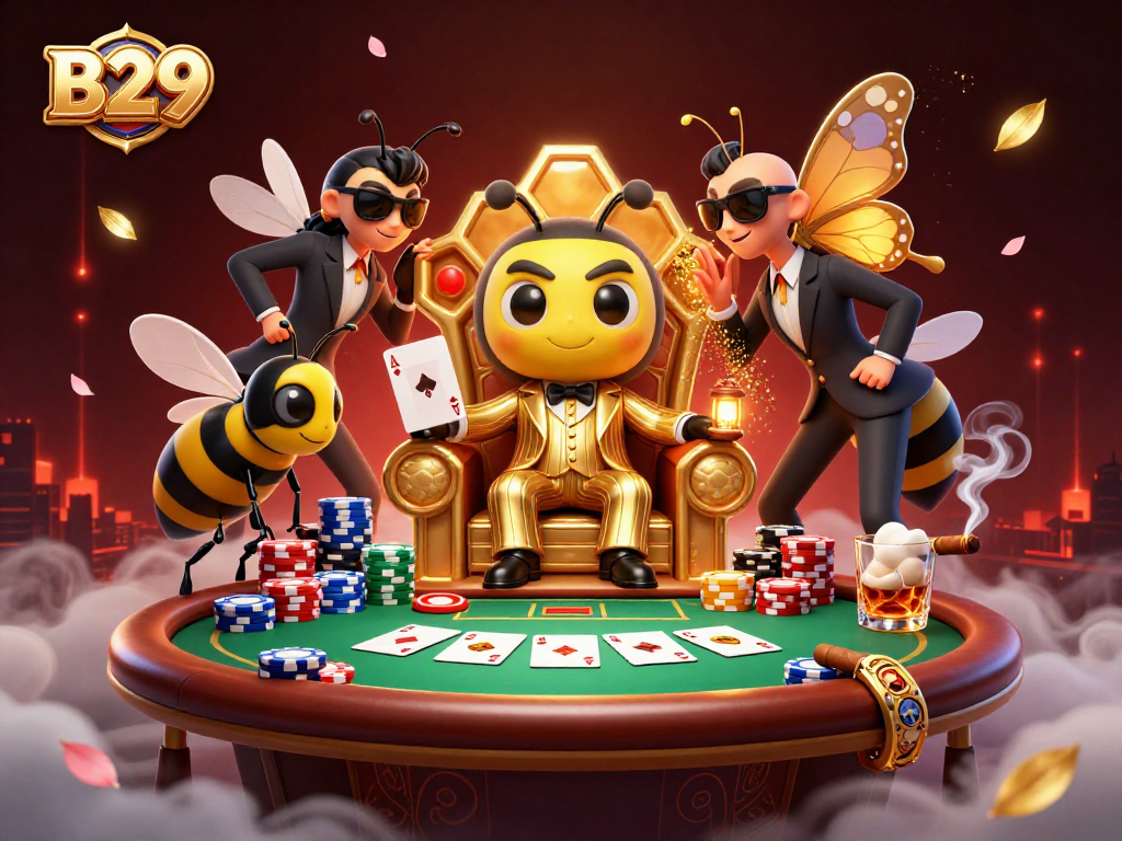 B29 showcases an engaging gambling atmosphere with a bumblebee mob boss and wasp bodyguards at a poker table.