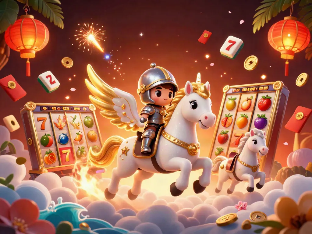 Experience the magical b52 online slots with a celestial horse and knight amidst vibrant gaming elements.