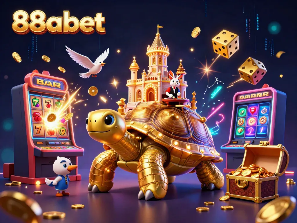 Experience thrilling action at 88abet, featuring a golden tortoise casino with a rabbit dealer amidst vibrant gaming elements.