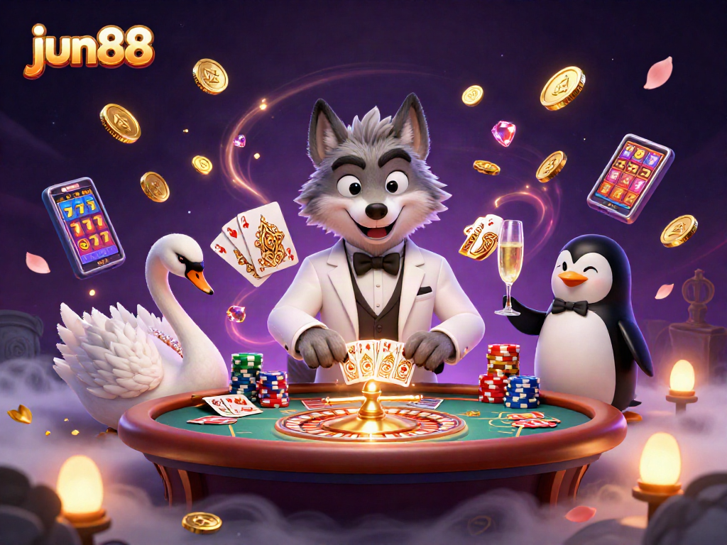 Experience thrilling baccarat at jun88 with a stylish wolf, elegant swan, and sophisticated penguin.