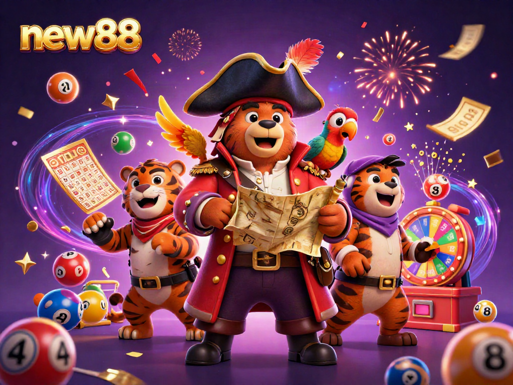 Experience thrilling moments with new88 in a vibrant, festive casino scene featuring animated treasures.