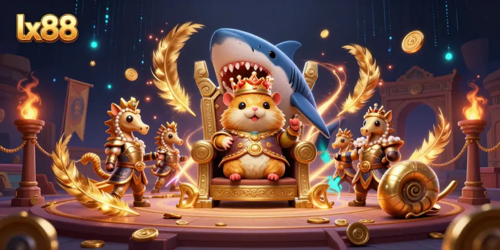 Experience the thrill of lx88 online gambling with a vibrant 3D illustration showcasing a hamster king, seahorse guards, and dynamic casino elements.