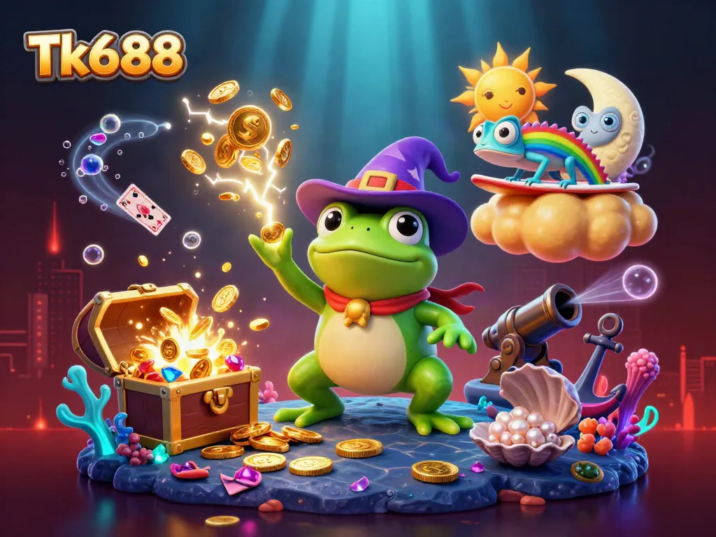 Unleash the magic of Tk688 with a wizard frog, golden coins, and a vivid chameleon inviting players to winning adventures.