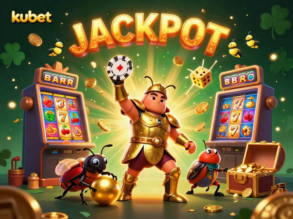 Experience excitement with kubet's vibrant 3D illustration featuring a victorious beetle character and casino themes.