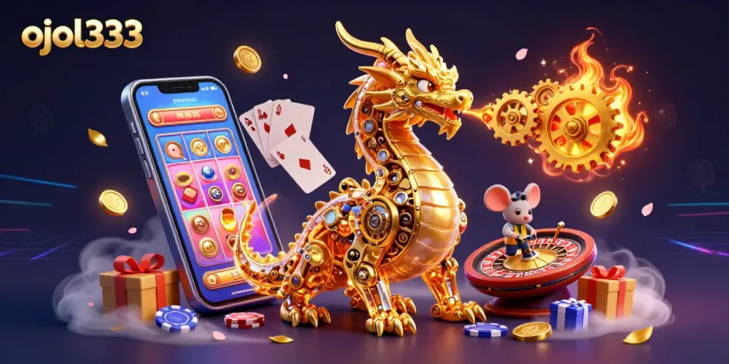 Spin colorful slot reels and win with ojol333 in this vibrant 3D casino illustration.